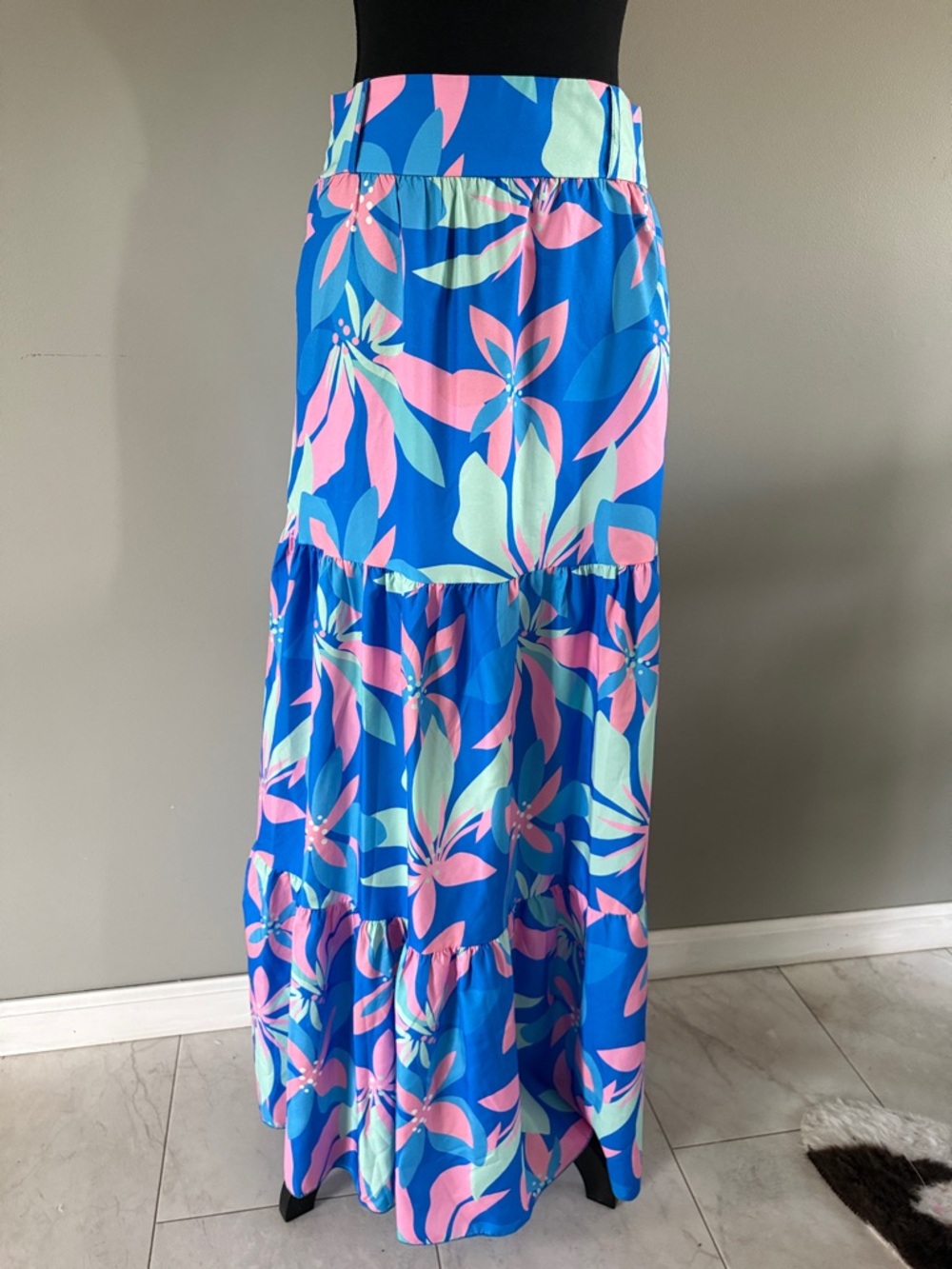 Source Unknown Blue Maxi Skirt with Pink & Mint Floral Print